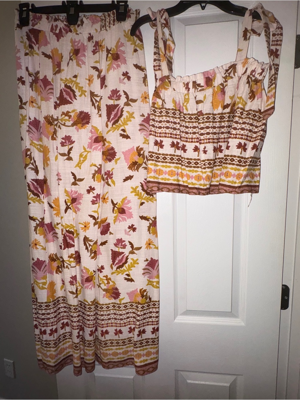 Linen Floral Two-Piece Smocked Crop Top & Maxi Pant Set - Pink, Mustard, Brown